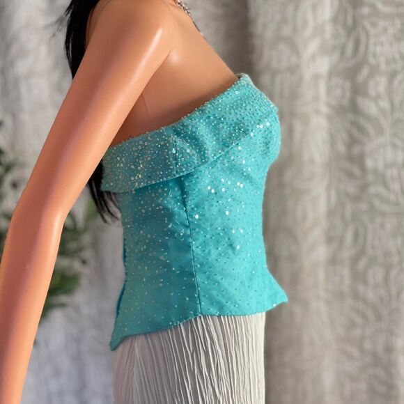 Vtg Y2K Mori Lee Beaded Corset Top Blue Strapless Sequin Prom Party Top Sz 7/8 - Picture 3 of 11
